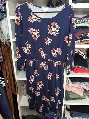 French Grey Navy Floral Midi with Pink and Yellow Blooms